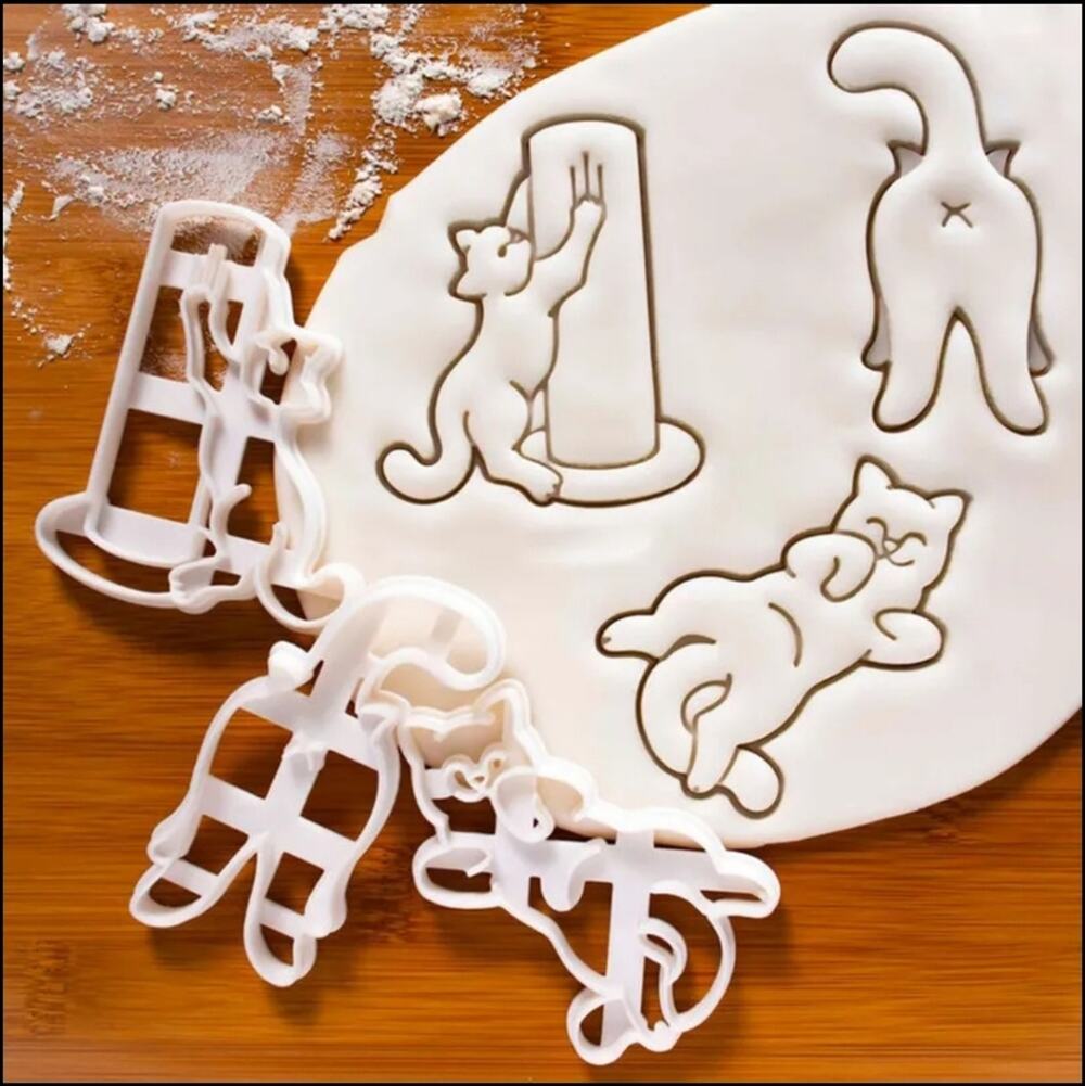 Cat shaped cookie cutter set, kitty butt, scratching post, and belly up molds